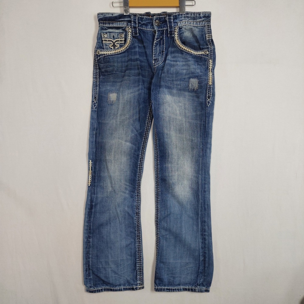Rock Revival Triton Boot Cut Jeans Mens 30 Blue Distressed Contrast Stitch Flap